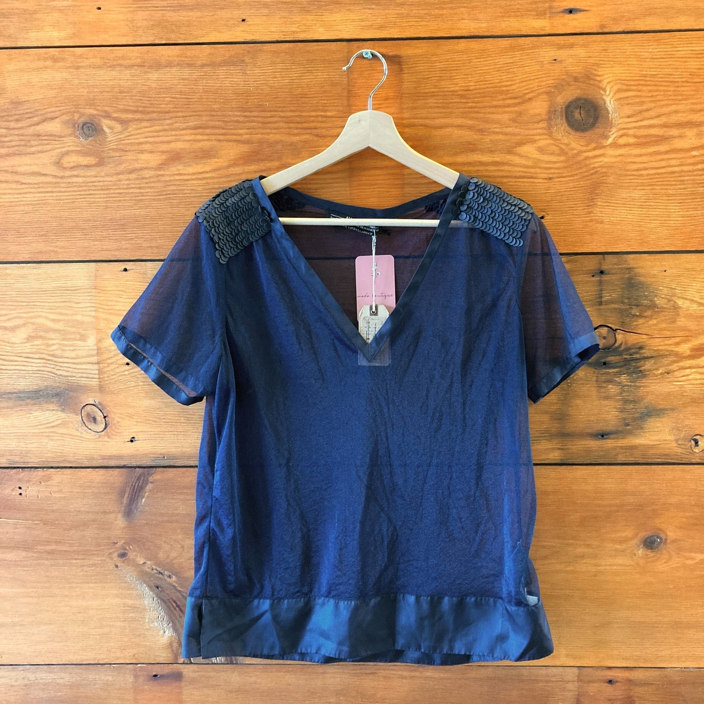 10 US - AllSaints Navy $120 Akita Silk Embellished Tee Blouse Top NEW 0911EE
