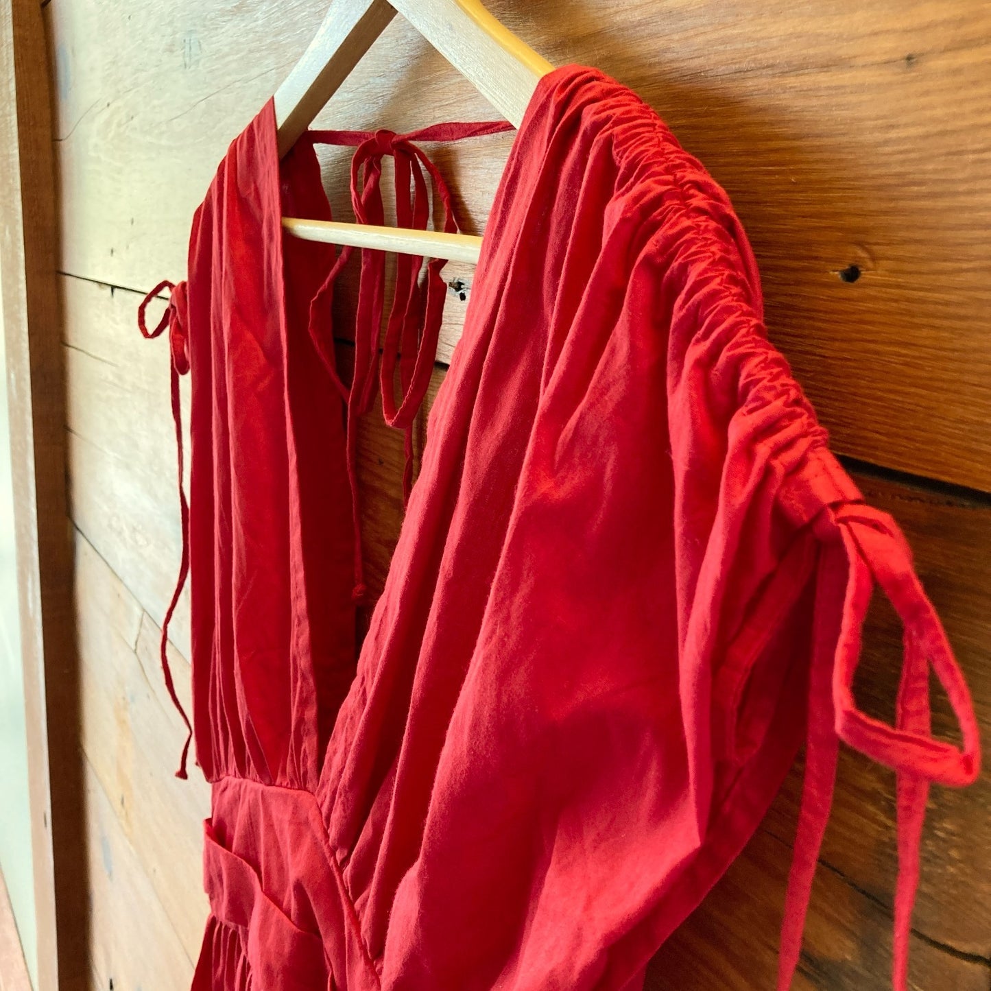 ELF Red Rafina Goddess Ruched Tie Shoulder Maxi Dress - Size S - 0618SK