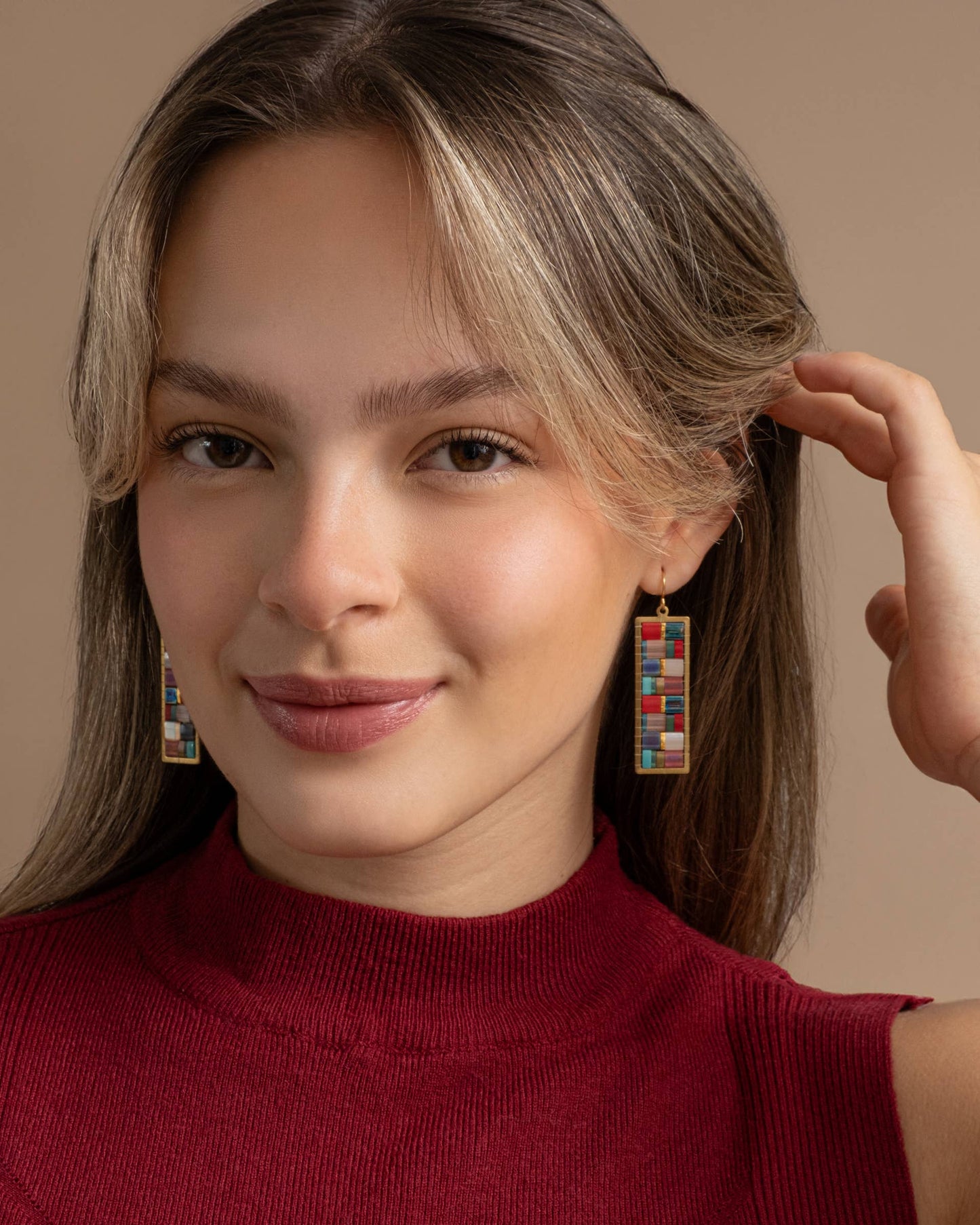 Mayana Designs Co - Beaded Handwoven Mosaic Tila and Brass Earrings (Green/Grey)