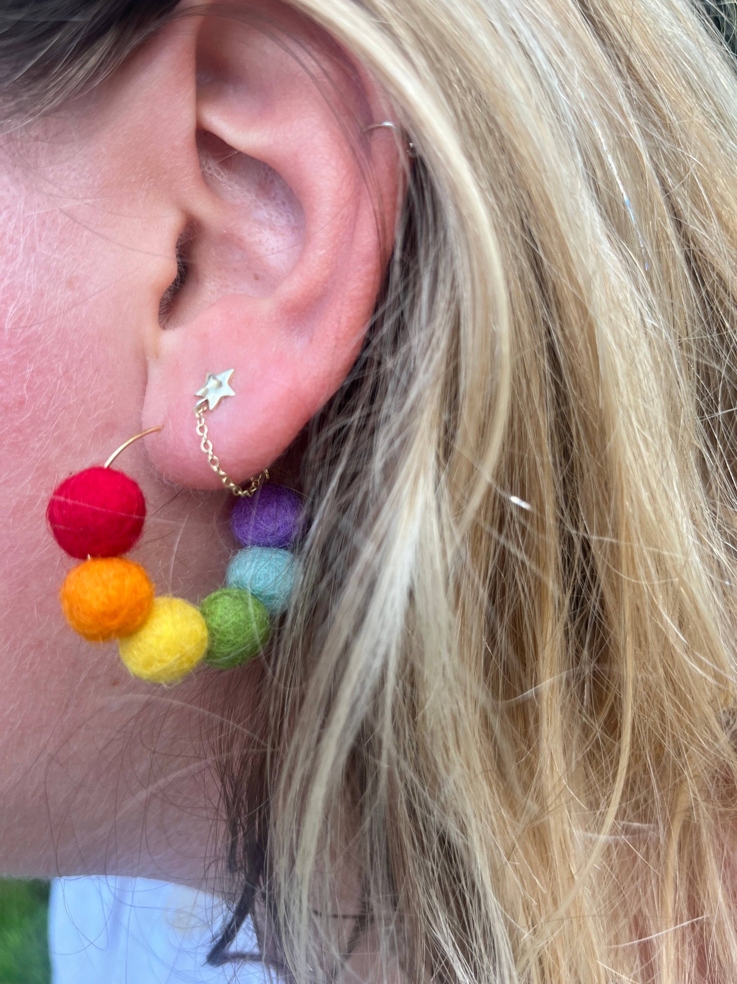 Honey Loom Designs - Rainbow Felt Ball Hoop Earring