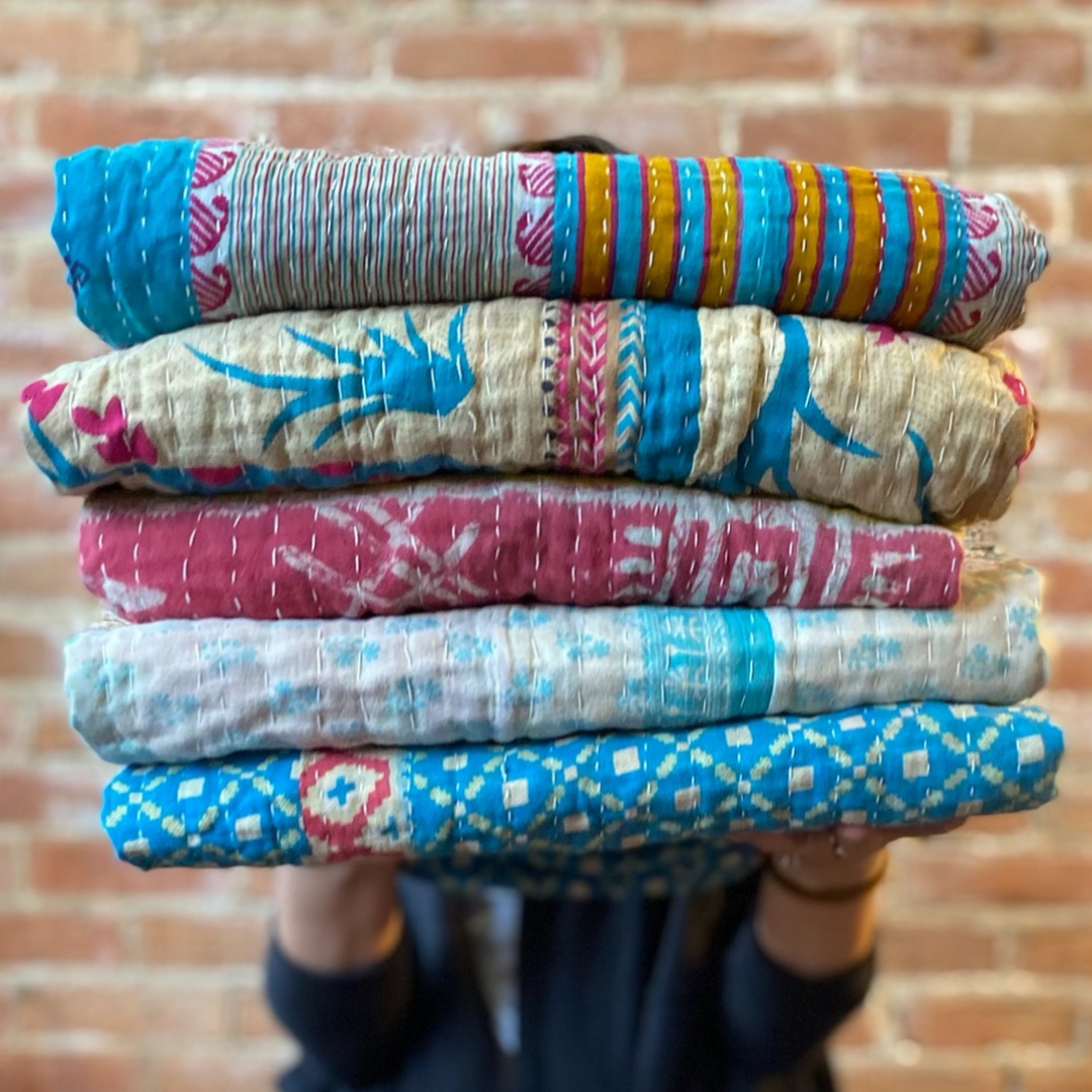 Seeds - Kantha Throw Blanket Quilt | Recycled Cotton Sari Unique