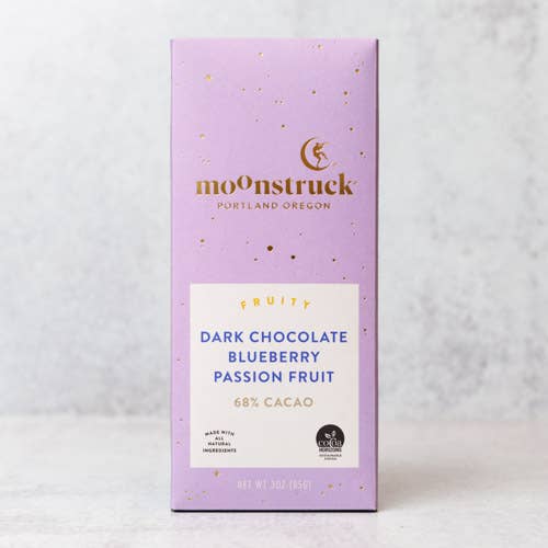 Moonstruck Chocolate Co - Fruity  
Dark Chocolate Blueberry Passion Fruit Bar