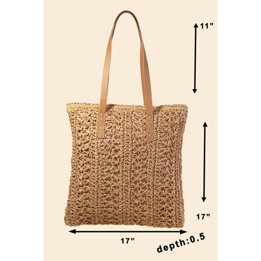 Rectangle Straw Braided Tote Bag: Khaki