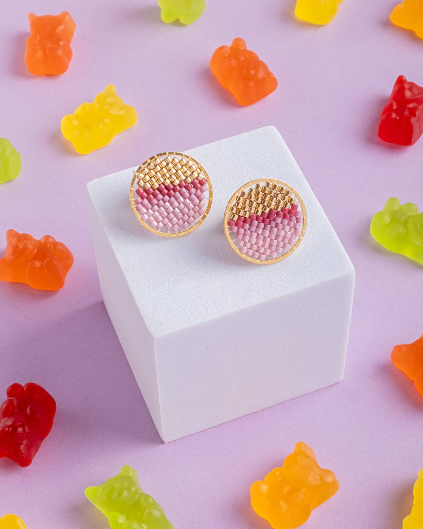 Mayana Designs Co - Beaded Handwoven Sweet Tart Stud Earrings (Pink)