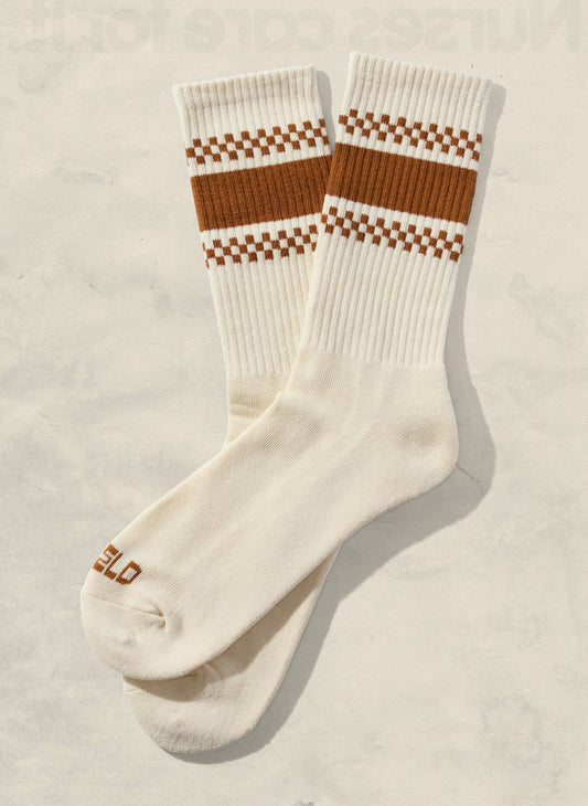 Checkerboard Striped Crew Socks: Rust