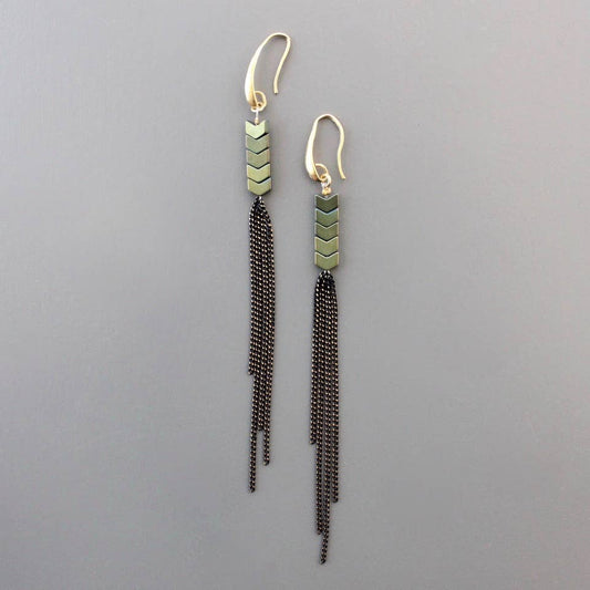 David Aubrey Jewelry - MDSE39 Green hematite &  chain fringe should duster earrings