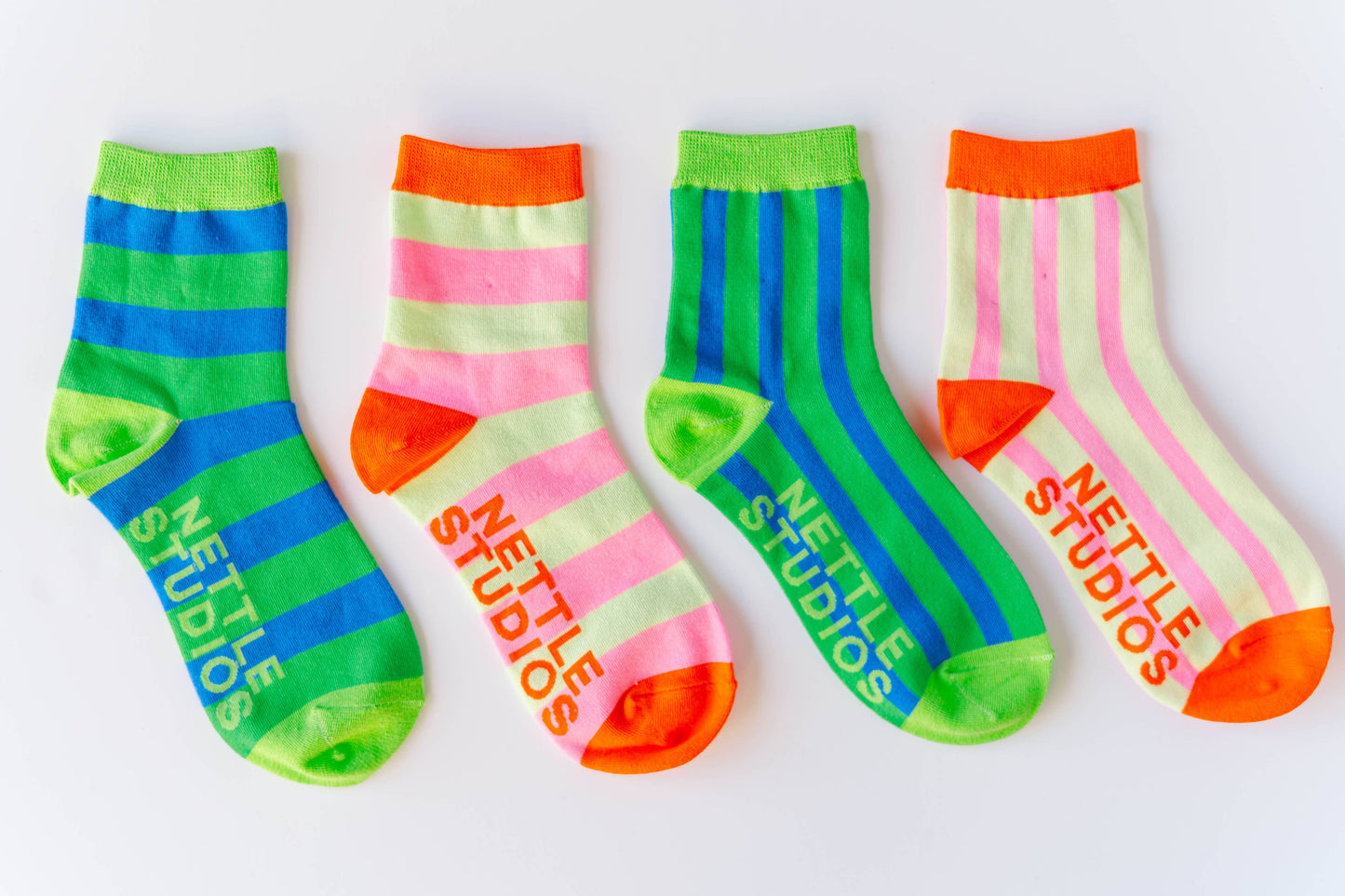 Nettle Studios - Women’s Cotton Ankle Socks - Pink Yellow Stripes