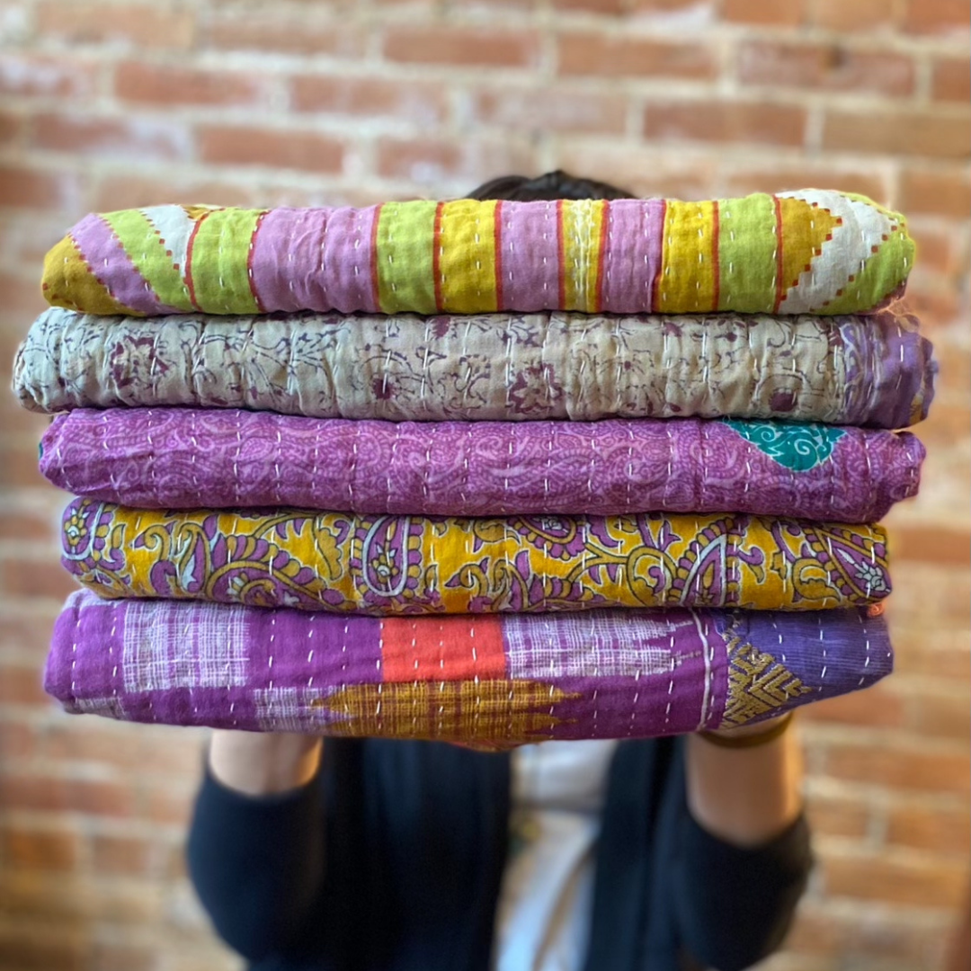 Seeds - Kantha Throw Blanket Quilt | Recycled Cotton Sari Unique