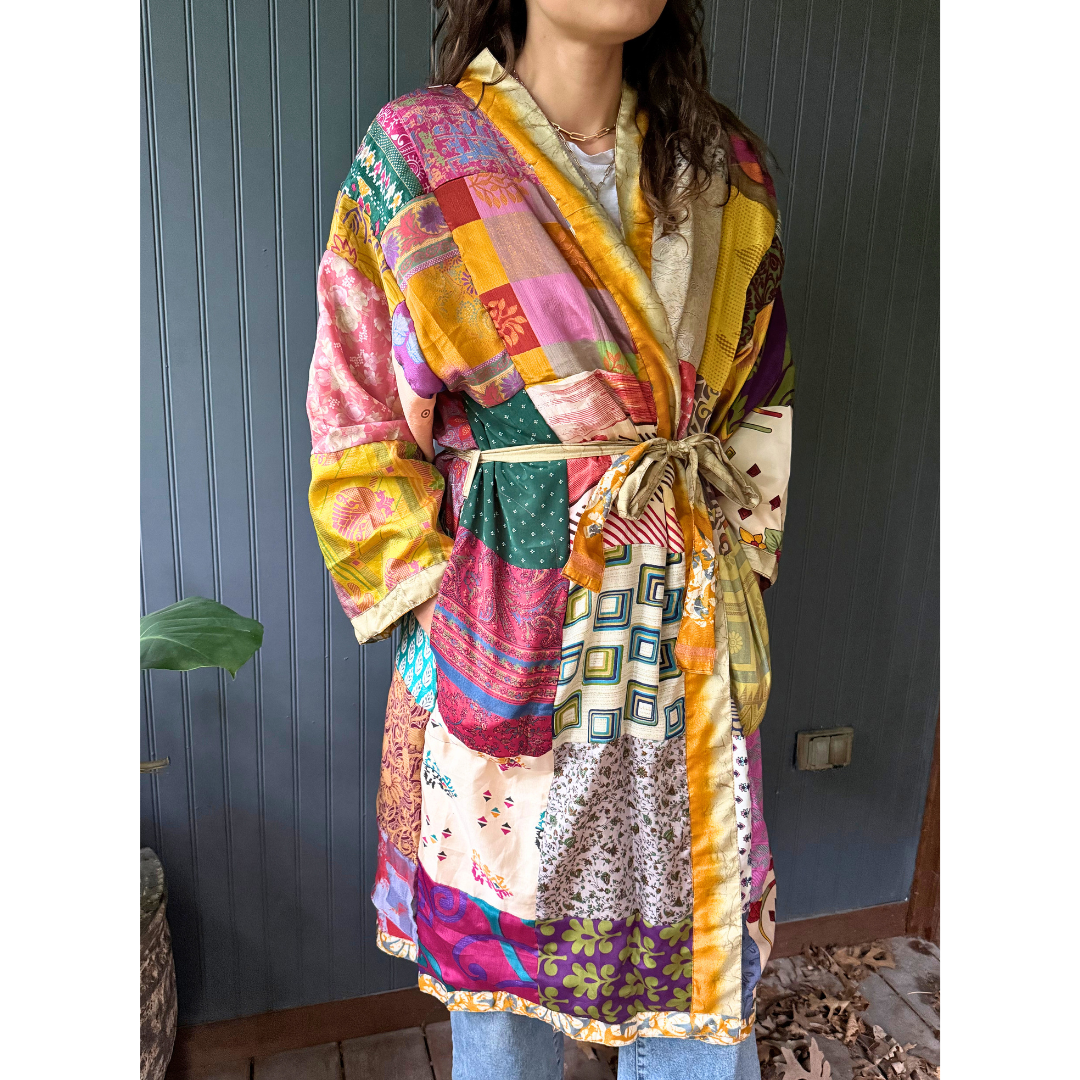 Seeds - Patchwork Silk Robe | Upcycled Silk One Size Reversible