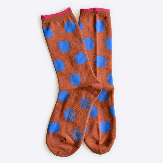 Panhandle Polka Dot Crew Socks, Brown and Blue: Small (Women's 4 - 10)