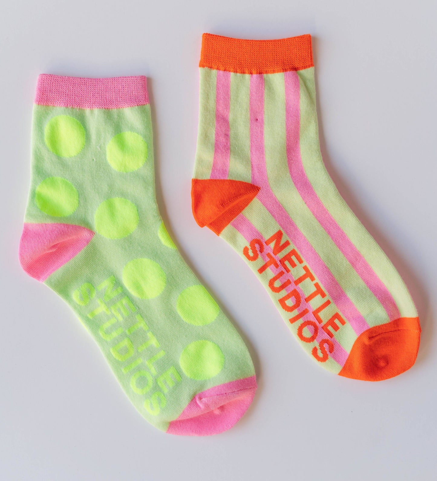 Nettle Studios - Women’s Cotton Ankle Socks - Pink Yellow Stripes