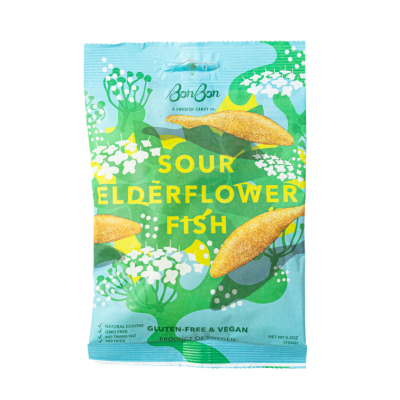 Packaging of Sour Elderflower Fish with green and blue design