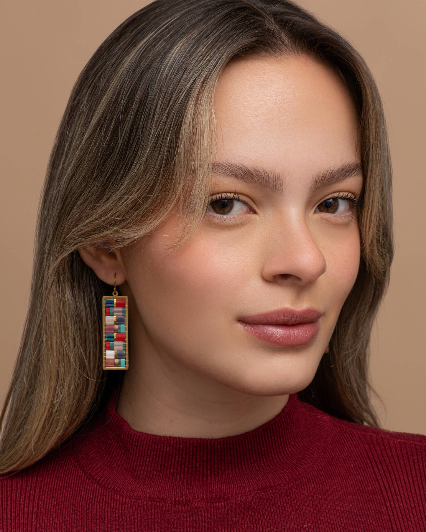 Mayana Designs Co - Beaded Handwoven Mosaic Tila and Brass Earrings (Green/Grey)