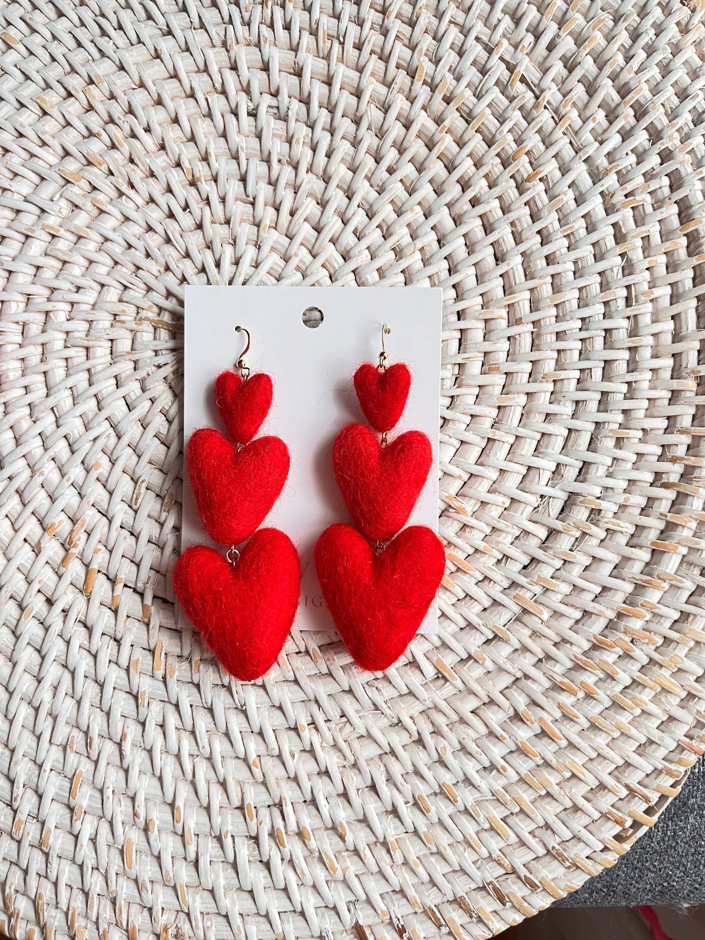 Three Tiered Heart Felt Dangle Earrings: Pink and Red