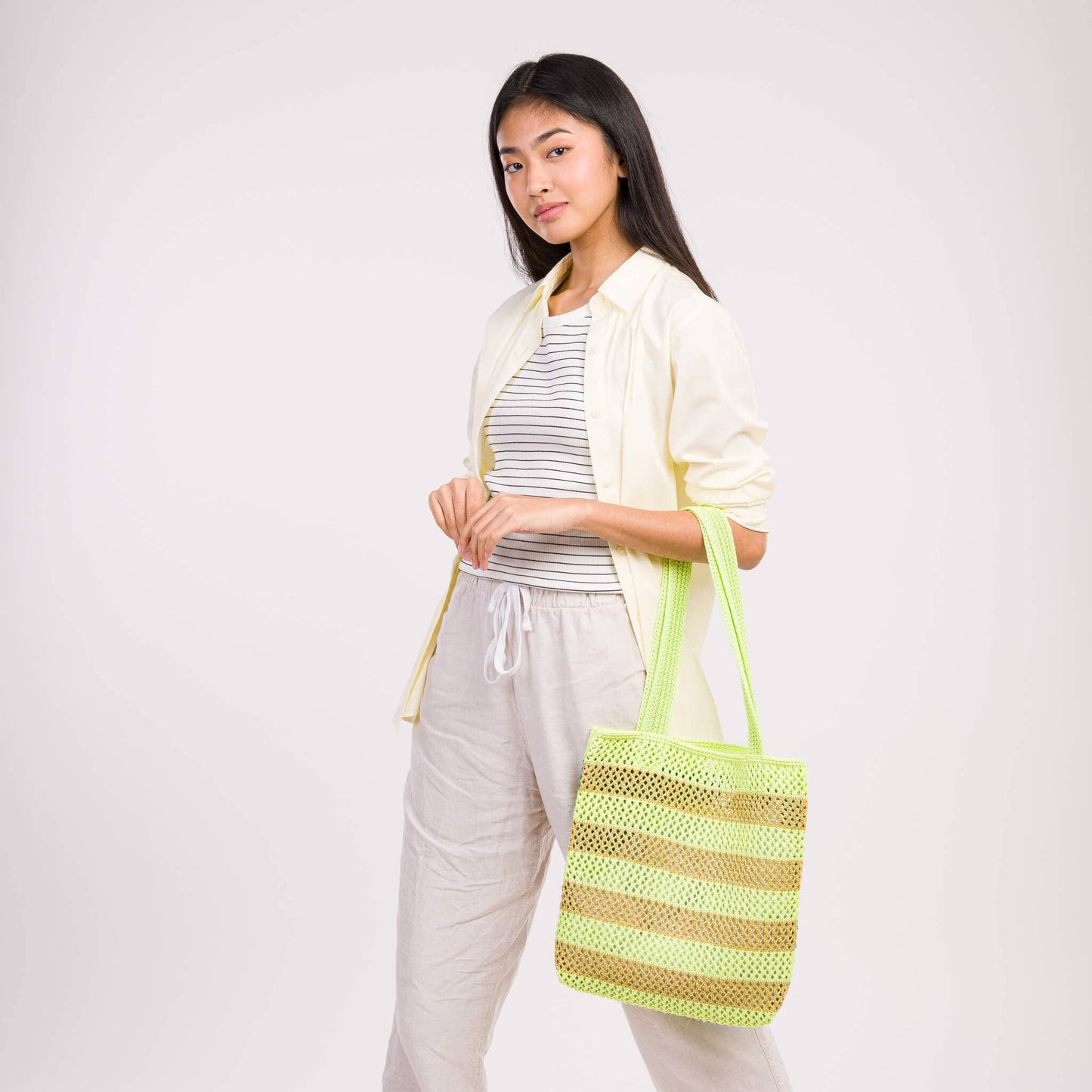 VERLOOP | knits - Stripe Raffia Tote: Lime Green