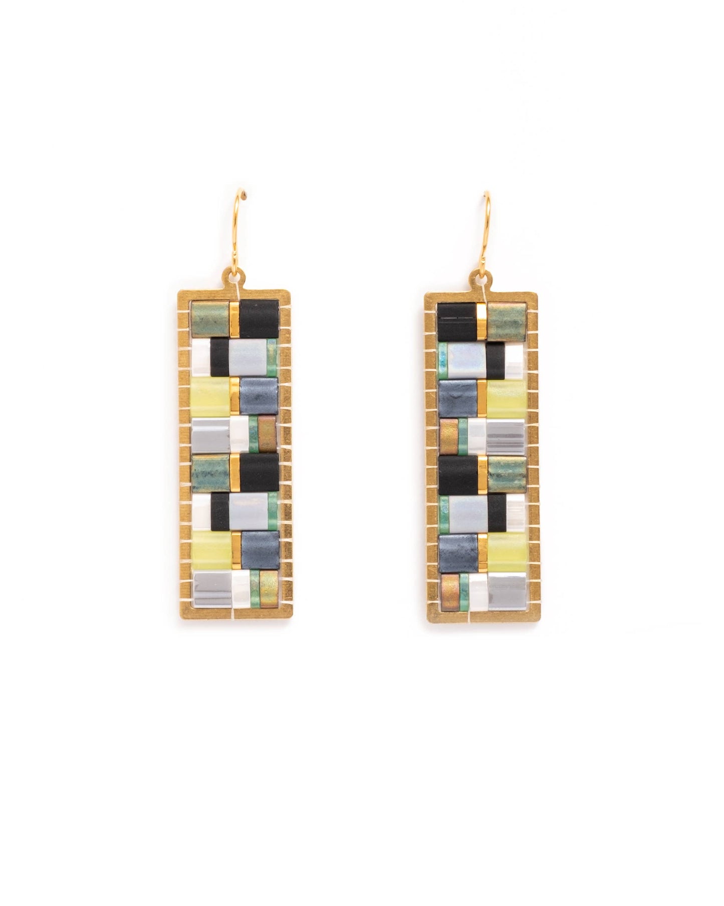 Mayana Designs Co - Beaded Handwoven Mosaic Tila and Brass Earrings (Green/Grey)