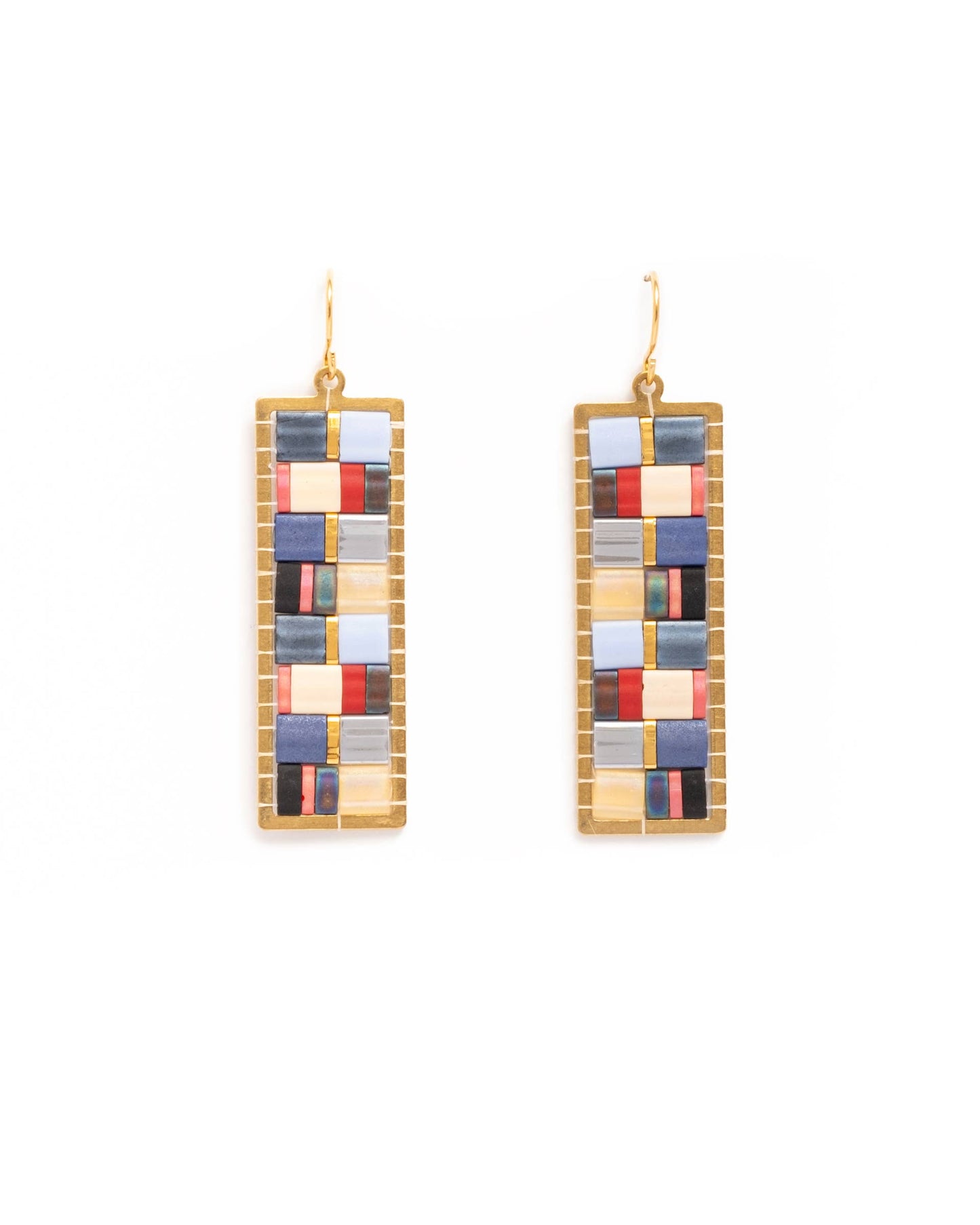 Mayana Designs Co - Beaded Handwoven Mosaic Tila and Brass Earrings (Green/Grey)
