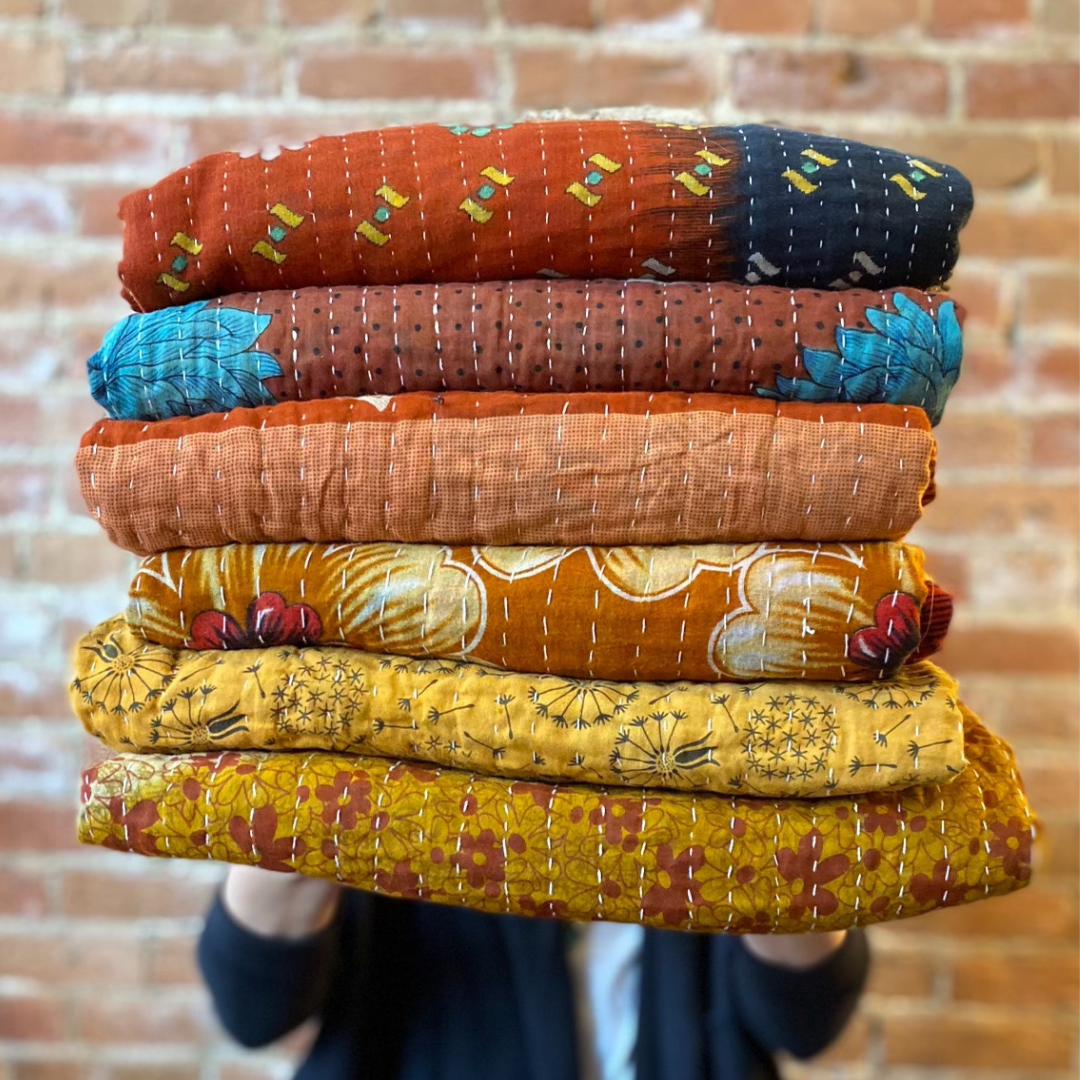 Seeds - Kantha Throw Blanket Quilt | Recycled Cotton Sari Unique