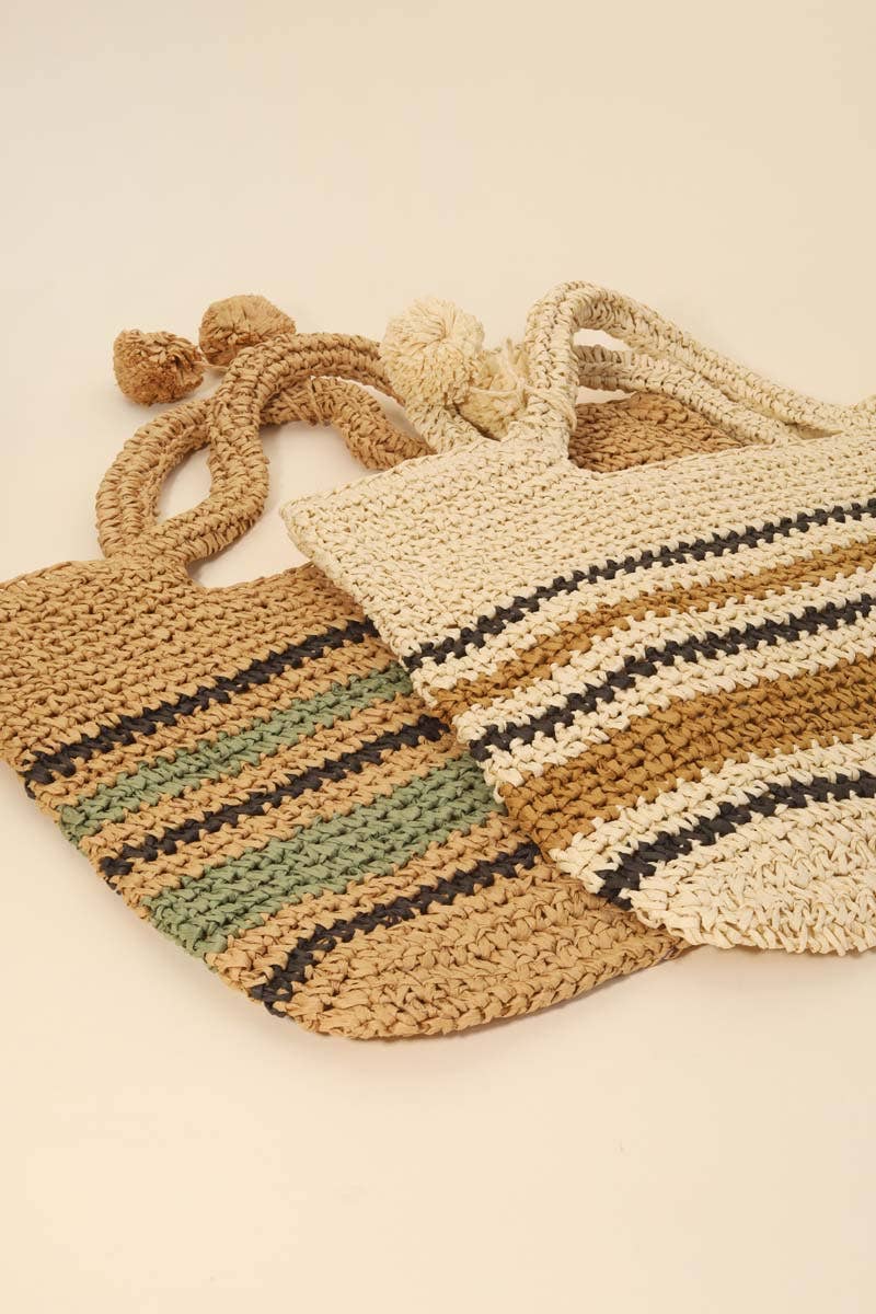 Striped Straw Braided Tote Bag: IV