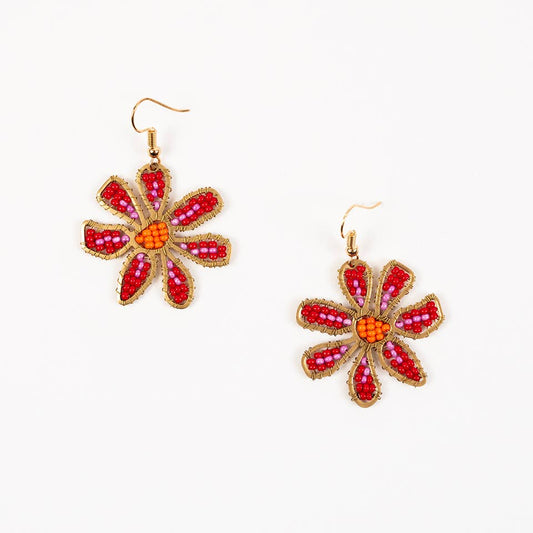 Altiplano - Beaded Daisy Earrings: Red