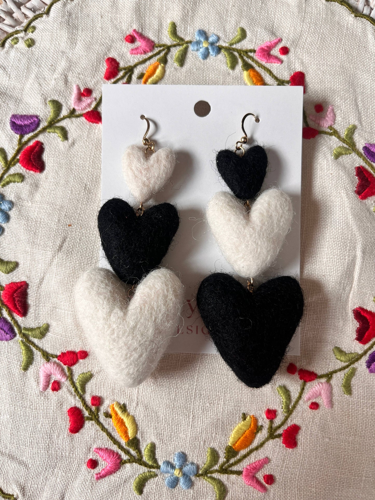 Three Tiered Heart Felt Dangle Earrings: Pink and Red