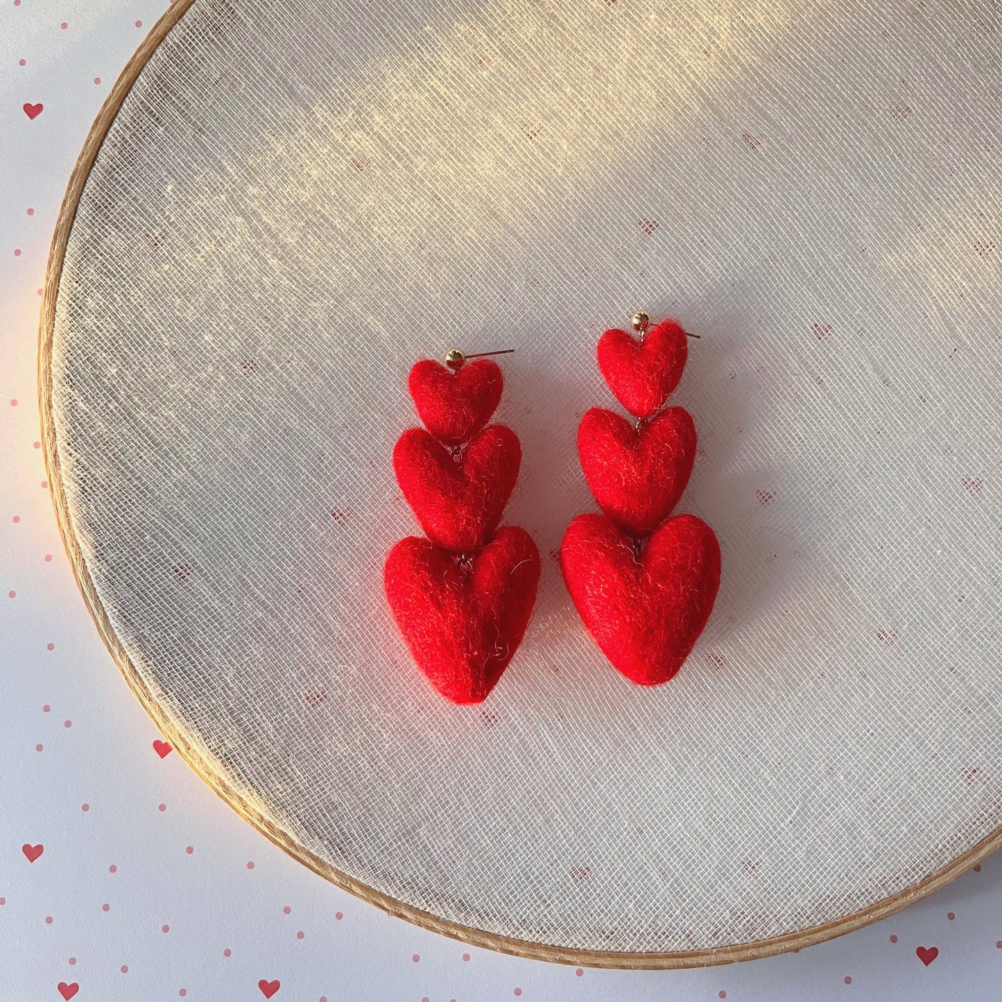 Three Tiered Heart Felt Dangle Earrings: Pink and Red