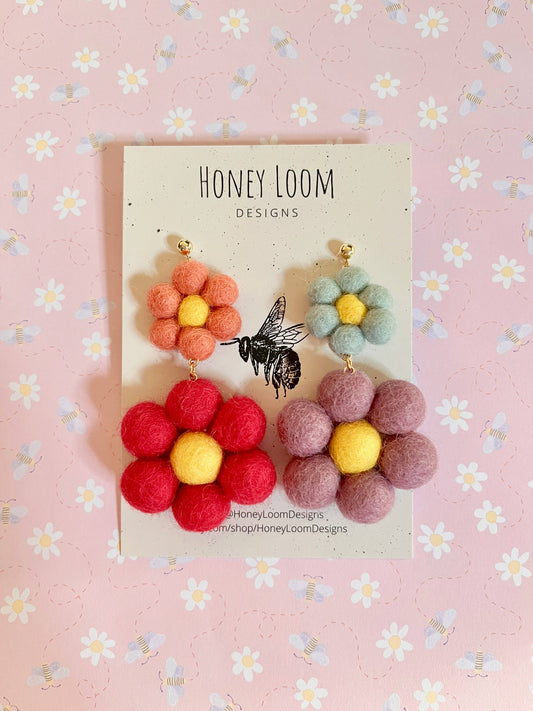 Felted Rainbow Daisy Dangle Earrings