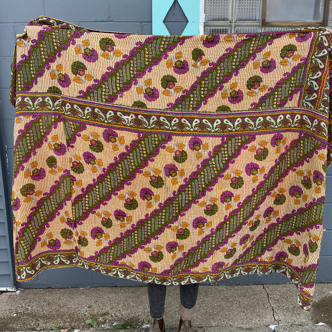 Seeds - Kantha Throw Blanket Quilt | Recycled Cotton Sari Unique