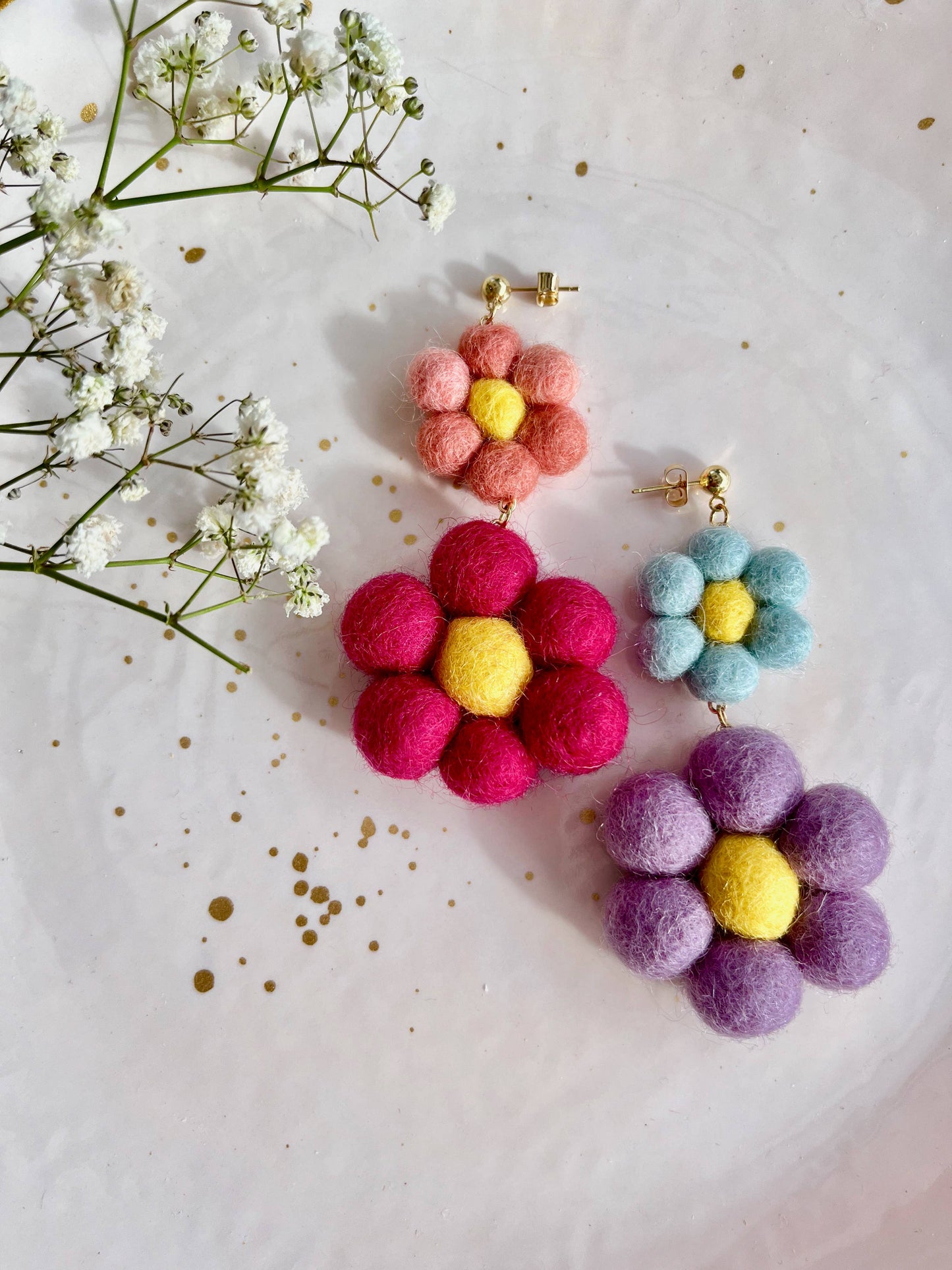 Felted Rainbow Daisy Dangle Earrings