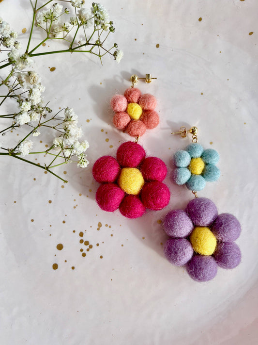 Felted Rainbow Daisy Dangle Earrings