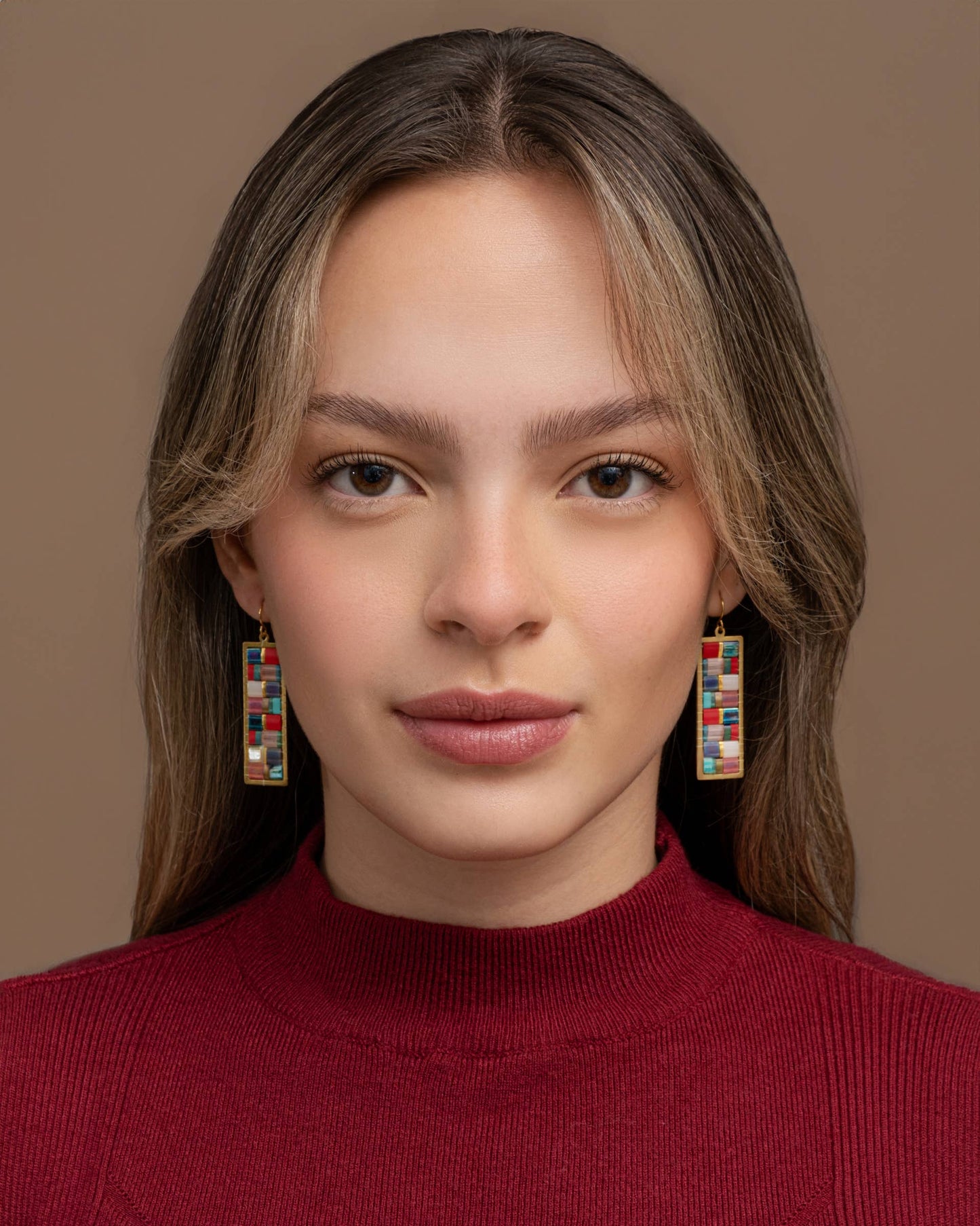 Mayana Designs Co - Beaded Handwoven Mosaic Tila and Brass Earrings (Green/Grey)