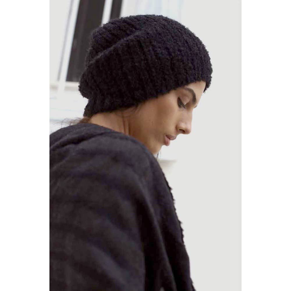 Black Loop Knit Alpaca Beanie Hat