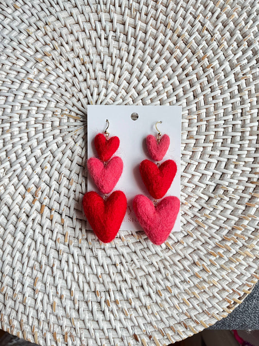 Three Tiered Heart Felt Dangle Earrings: Pink and Red