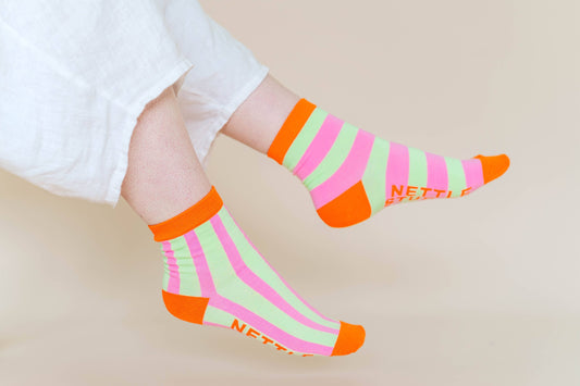Nettle Studios - Women’s Cotton Ankle Socks - Pink Yellow Stripes