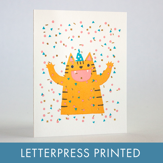 Egg Press Manufacturing - Confetti Cat Party Letterpress Greeting Card by Fugu Fugu : Plastic sleeve