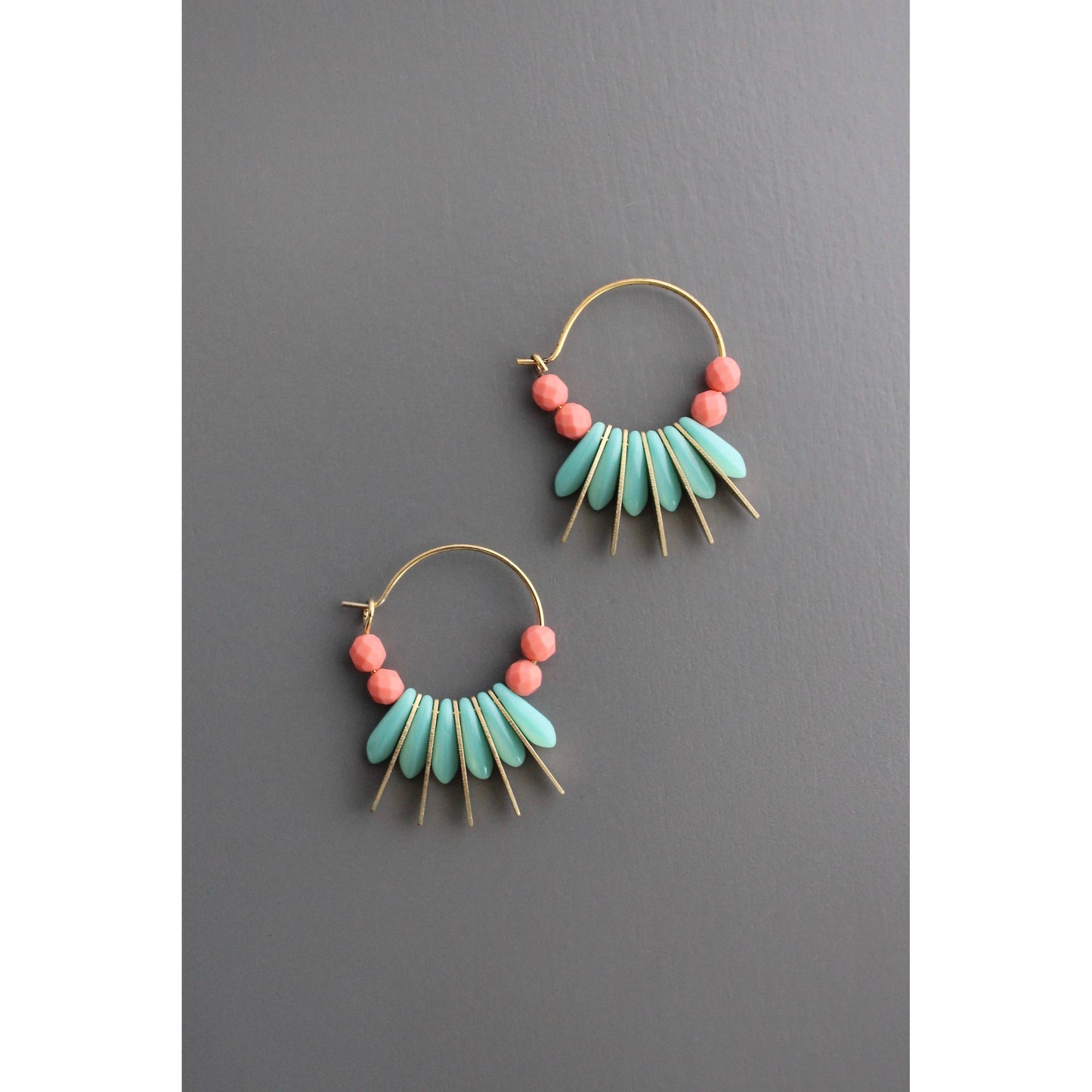 David Aubrey Jewelry - EMIE07 Turquoise and coral glass small hoop earrings