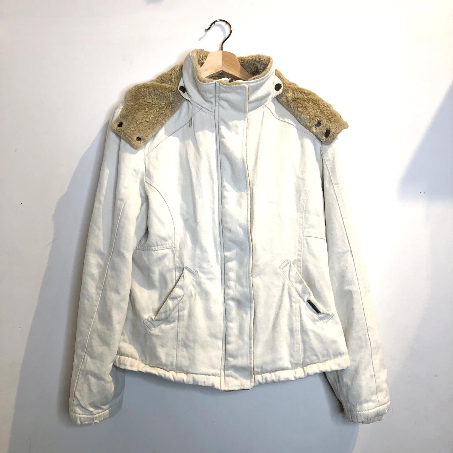 L - Hemp Hoodlamb White Hooded Faux Fur Lined Womens Winter Jacket Parka 0617RF