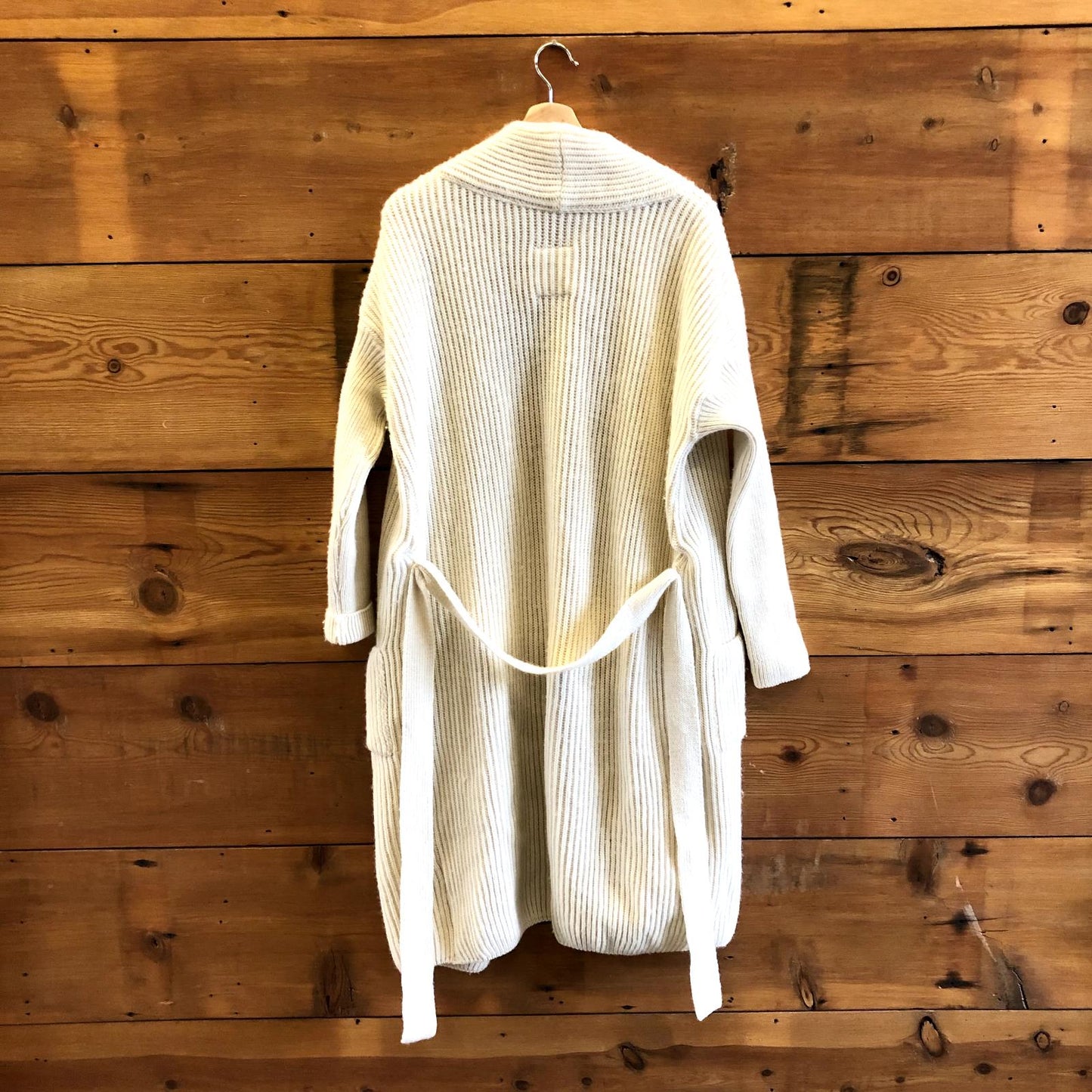 OS - Woolish Ivory Ribbed 100% Wool Maxi Belted Cardigan Duster Sweater 0817AS