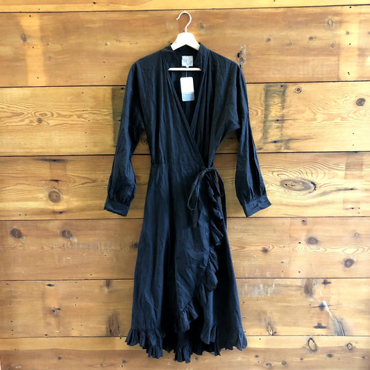 S - A Shirt Thing Black Ruffle Trim Midi Length Wrap Cotton Dress 0509KM