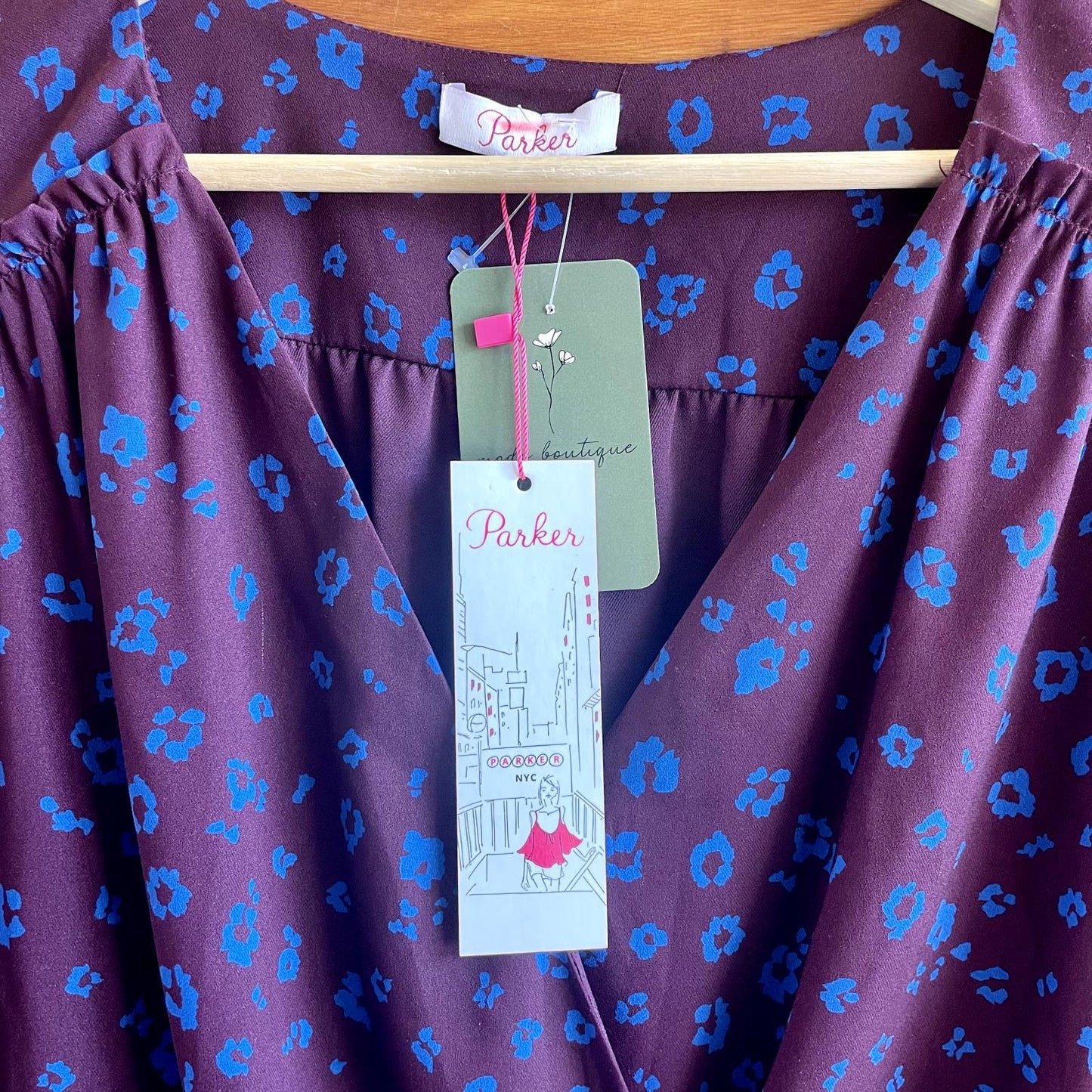XL - Parker Deep Purple Floral Patterned Cinched Waist V Neck Dress NEW 1217BT