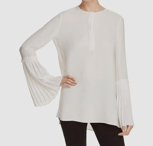 S - Lafayette 148 Cloud White $448 Pleated Sleeve Shellie Blouse Top NEW 1217BT