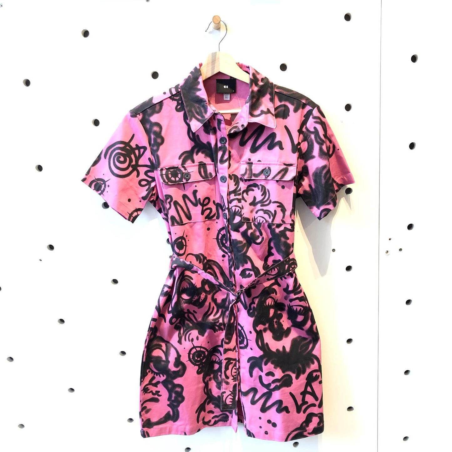 M - Lazy Oaf Pink & Black Graffiti Lead Astray Belted Shirt Dress 0304HJ