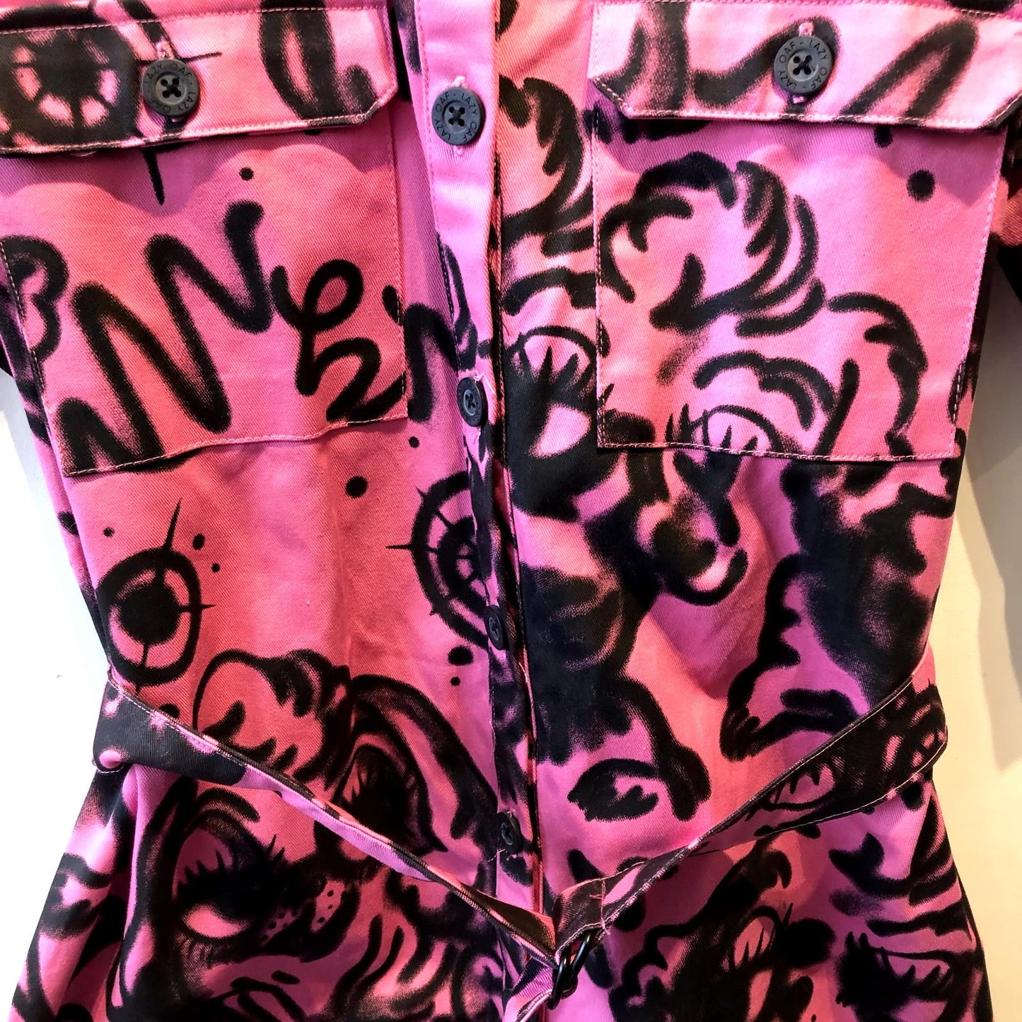 M - Lazy Oaf Pink & Black Graffiti Lead Astray Belted Shirt Dress 0304HJ