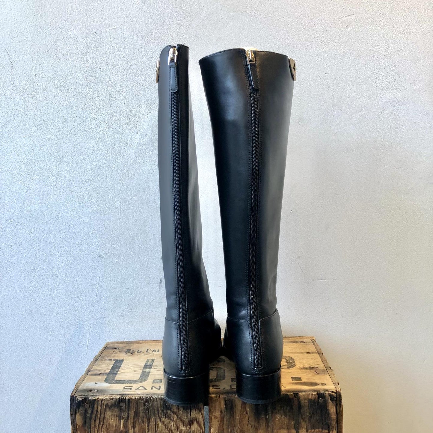 9 - Tory Burch $495 Black Smooth Leather Back Zip Sidney Tall Boots 0818LS