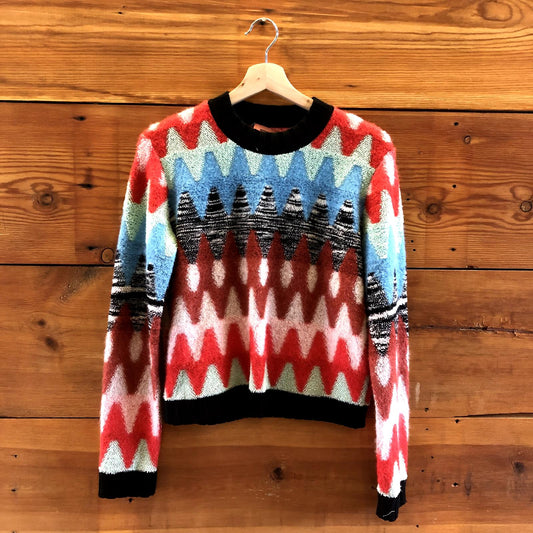 S - Missoni Vintage Bright Colorful Fuzzy Knit ZigZag Pullover Sweater 0219JB