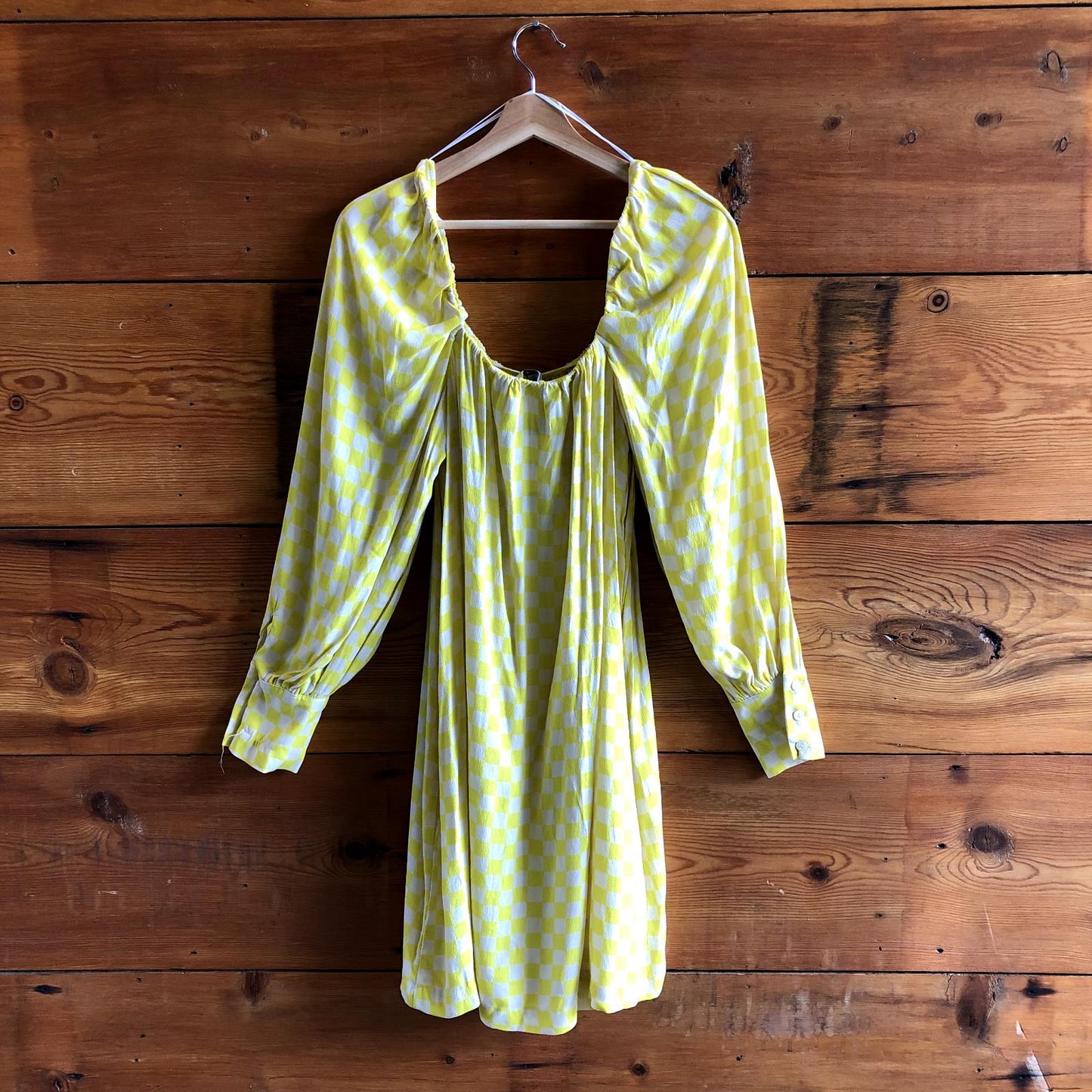 S - Wray NEW Lemon Yellow Check Birdie Long Sleeve Dress 0304HJ