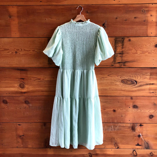 L - Pamela Love $360 Sage Green Smocked Prairie Cottagecore Dress 0304HJ