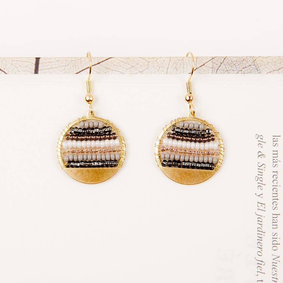 Altiplano - Beaded Stripe Disc Earrings - Greige