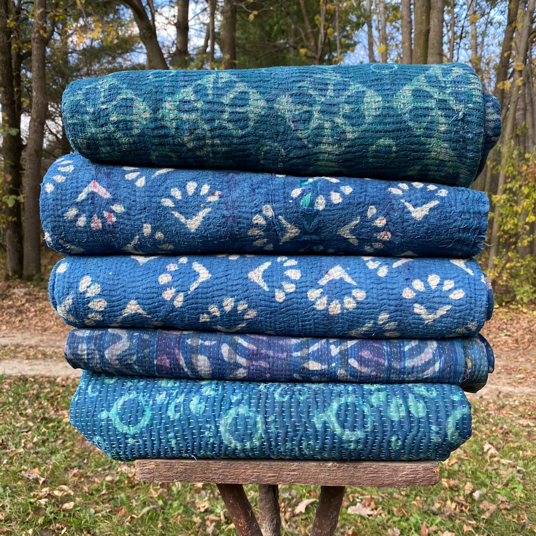 Seeds - Indigo Block Print Kantha blanket