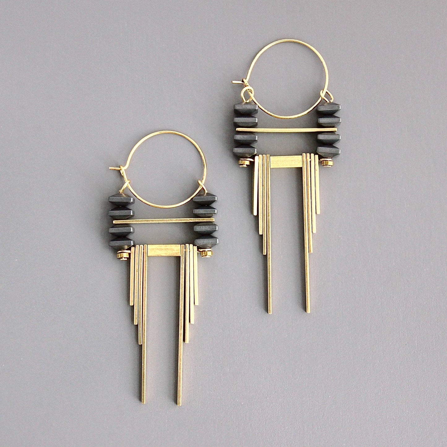 David Aubrey - ArtDeco hematite and brass hoop earrings